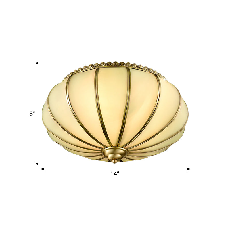Retro White Glass Sphere Flush Mount Ceiling Light Fixture - 3 Brass Heads, Ideal for Bedroom - 14