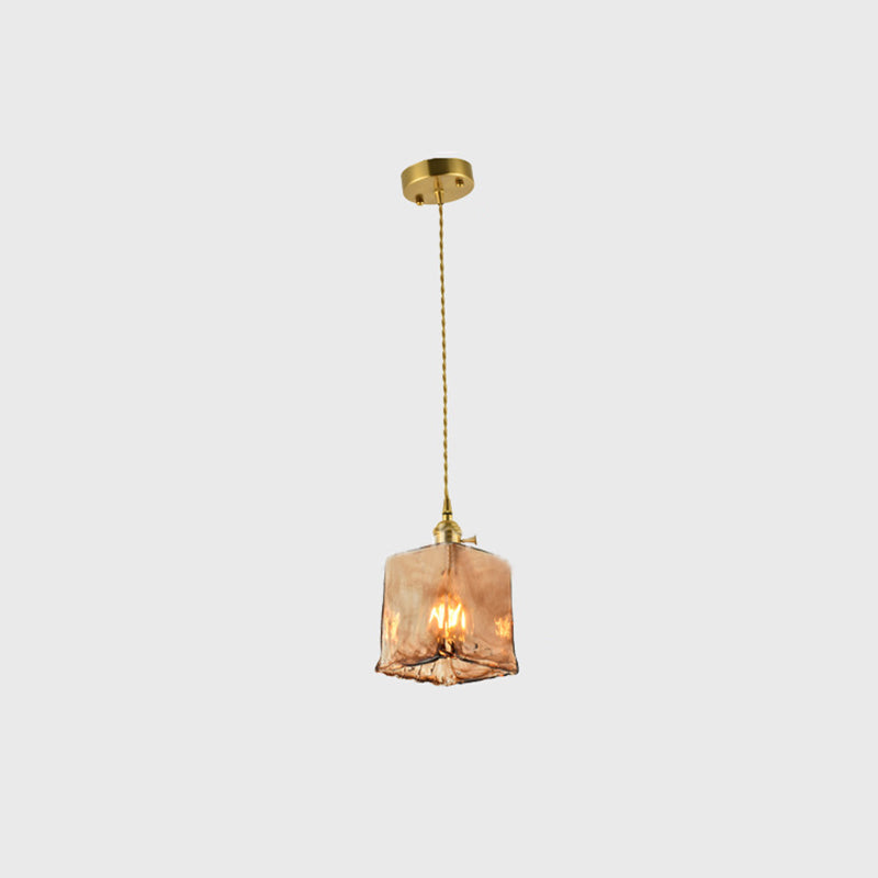Lámpara de péndulo para sala de estar con 1 bombilla de vidrio color canela hecho a mano vintage con forma de gota sombreada de latón