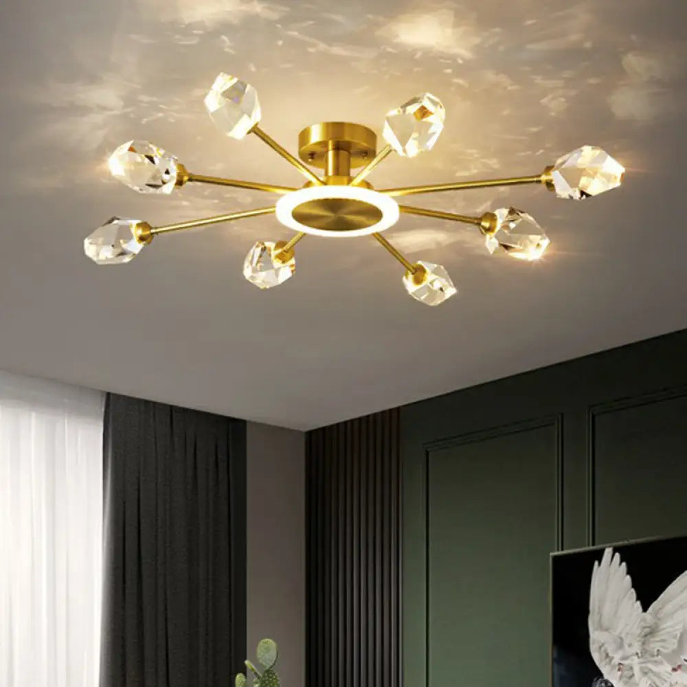 Strahlende Eleganz im Schlafzimmer: Postmoderne goldene LED-Deckenleuchte mit radialem Kristallblock-Design