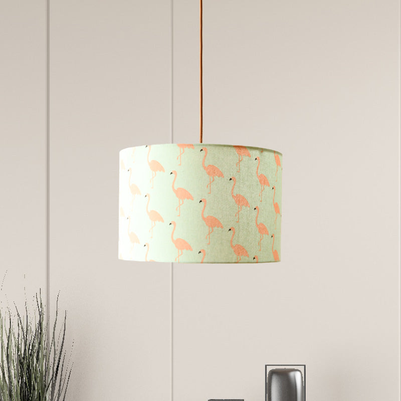 Luminaire suspendu tambour en tissu imprimé nordique – 1 lumière, éclairage à suspension blanc avec motif plume/oiseau/arbre