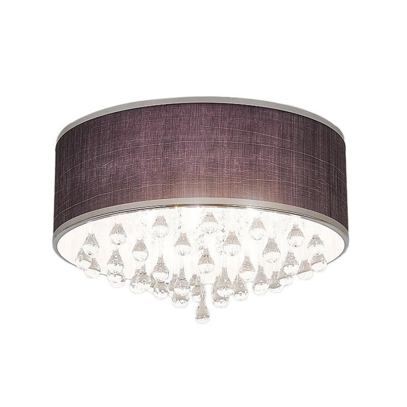 Contemporary Black Drum Flush Pendant Light with Clear Teardrop Crystal Accent - 6/8 Lights, 18