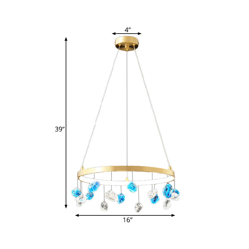 Gold LED Chandelier with Colored Gem Droplet - Mid Century Circle Pendant Lighting, 16