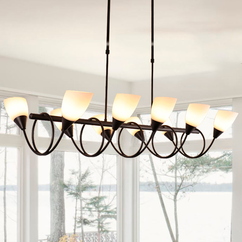 Vintage Black Cup Chandelier Light - 6/8/10 Lights, White Glass, LED Pendant Lamp with Linear Design