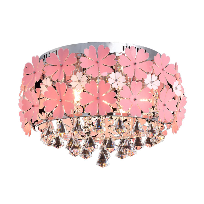 Modern Crystal Drop LED Drum Ceiling Light Fixture with Pink Flower Decoration, 18