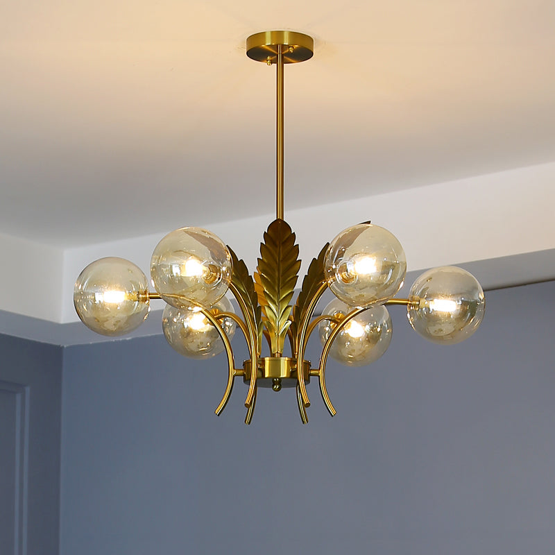 Lampadario a sfera a soffitto Simplicity in vetro bianco/rosa/cognac a 6 luci per soggiorno, lampadario a sospensione a LED con decorazioni a foglie