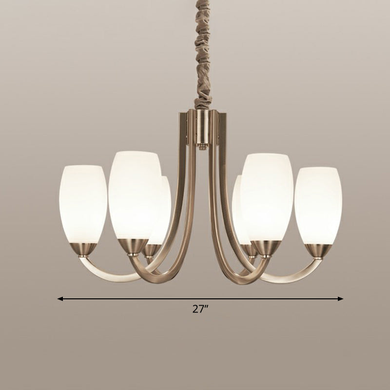 Simplicity Nickel Finish Swoop Arm Chandelier with Oval White Glass Shade: Elegant Metal Pendant Light for Bedrooms