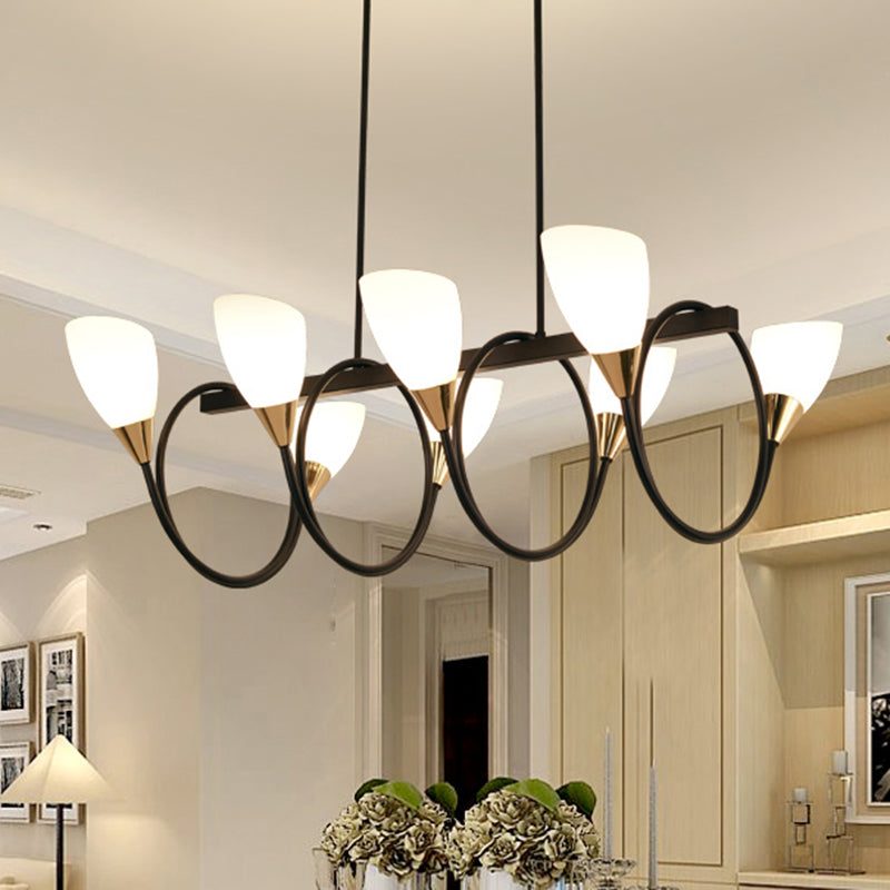 Vintage Black Cup Chandelier Light - 6/8/10 Lights, White Glass, LED Pendant Lamp with Linear Design