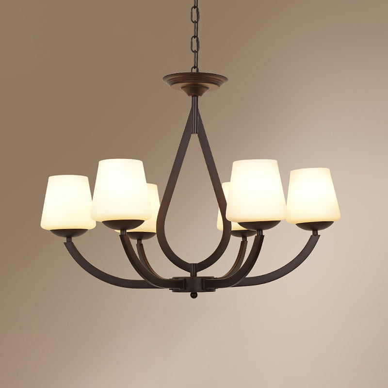 Vintage Pendant Light with Milk Glass Shade - Metal Black Finish Chandelier Swoop Arm