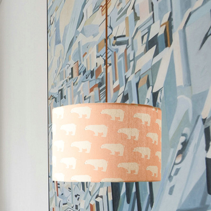 Luminaire suspendu tambour en tissu imprimé nordique – 1 lumière, éclairage à suspension blanc avec motif plume/oiseau/arbre