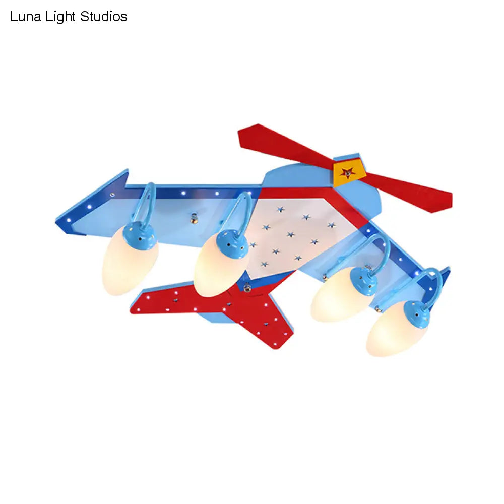 Lámpara de techo empotrada en color azul para niños con pantalla de cristal color crema ovalada, lámpara de techo empotrada en forma de plano de madera con acabado de madera