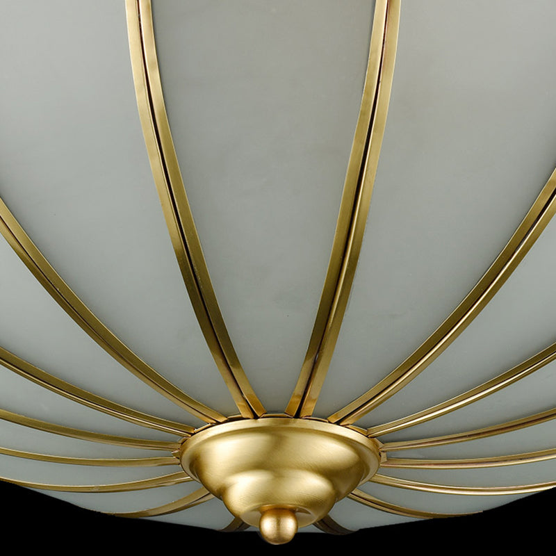 Retro White Glass Sphere Flush Mount Ceiling Light Fixture - 3 Brass Heads, Ideal for Bedroom - 14