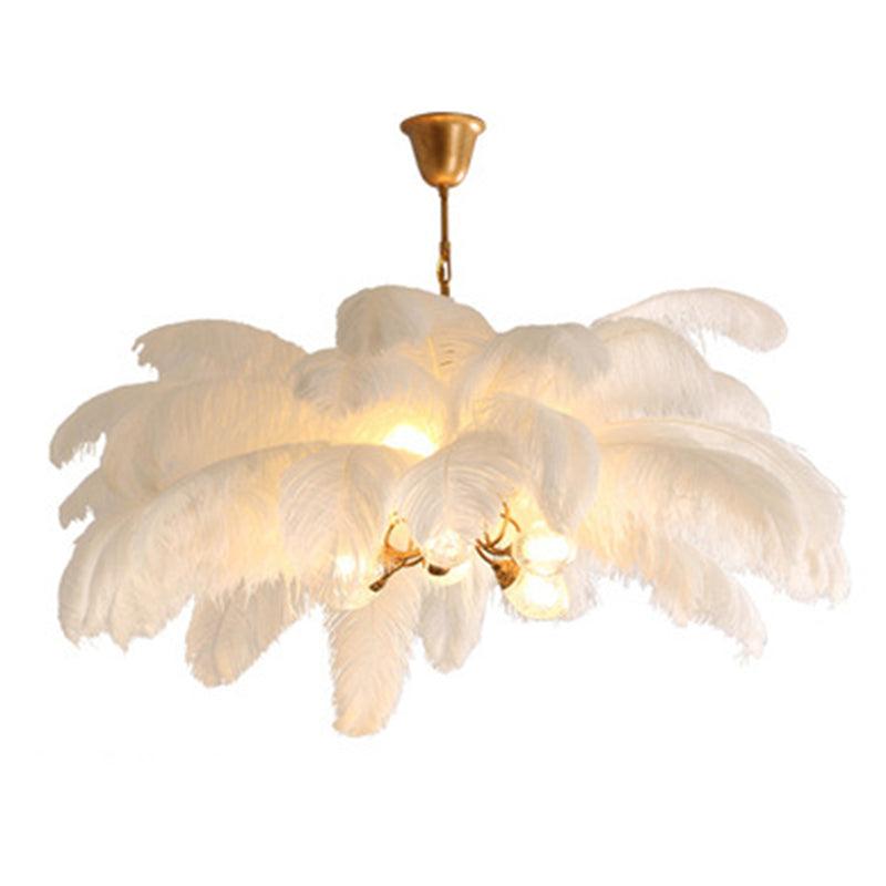 Lampadario da soffitto moderno nordico a 5 luci con piume di struzzo per camera da letto