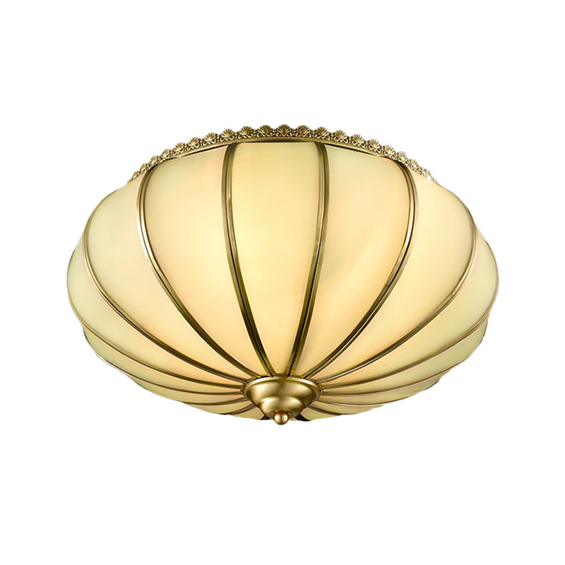 Retro White Glass Sphere Flush Mount Ceiling Light Fixture - 3 Brass Heads, Ideal for Bedroom - 14