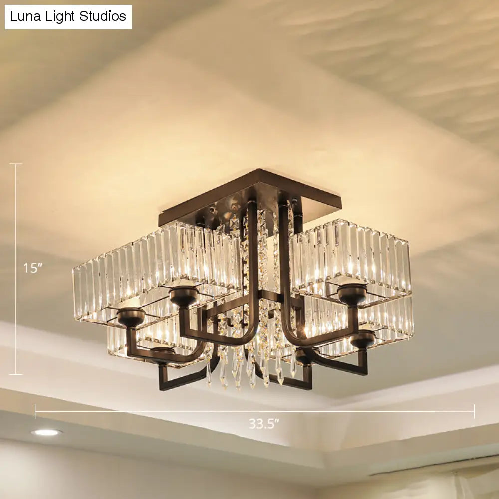 Lámpara de techo semiempotrada negra con cristal prismático para sala de estar - Lámpara de techo rectangular contemporánea
