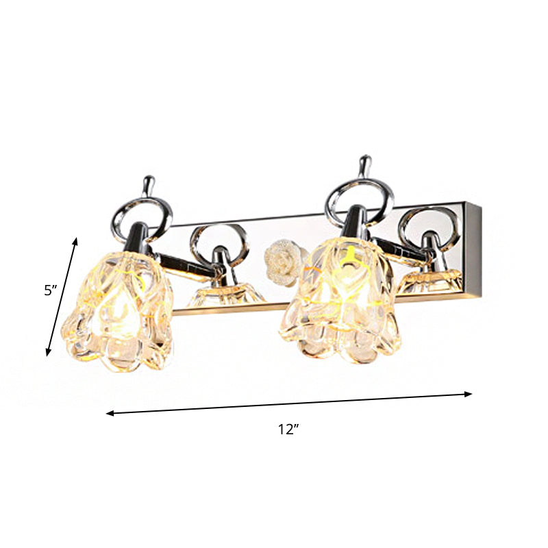 Lámpara de pared para tocador con pantalla de flores moderna, vidrio transparente, acabado plateado, 2/3 luces, ideal para baño, 12