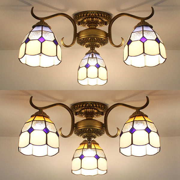 Stained Glass Vintage Ceiling Light - 3-Light Semi Flushmount in Beige/Yellow/Purple/Clear/Blue-Pink/Blue-White/Green-White - Perfect for Bedroom