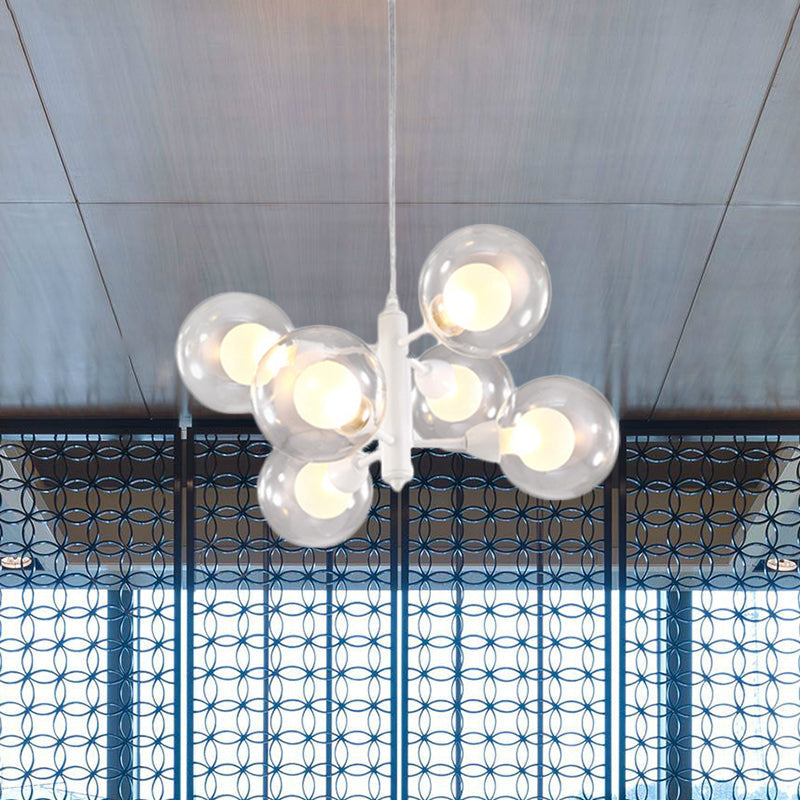 Globe Dining Room Chandelier - Modern LED Hanging Ceiling Light in White - 3/6/9 Clear Glass Lights
