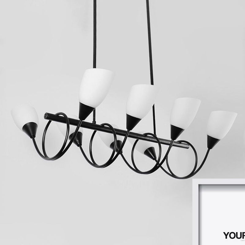 Vintage Black Cup Chandelier Light - 6/8/10 Lights, White Glass, LED Pendant Lamp with Linear Design