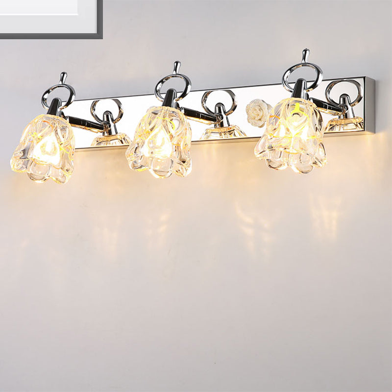 Lámpara de pared para tocador con pantalla de flores moderna, vidrio transparente, acabado plateado, 2/3 luces, ideal para baño, 12