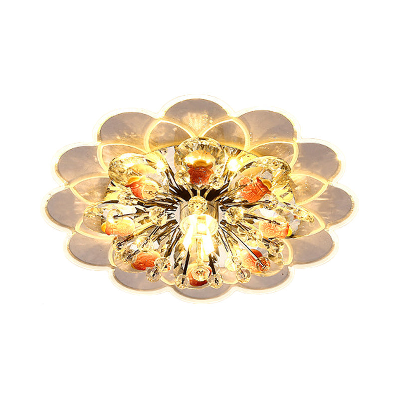 Plafonnier LED floral moderne à encastrer avec cristal biseauté en rouge pour porche, avec options de lumière rose, blanche et chaude.