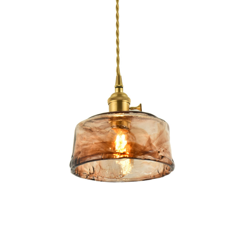 Lámpara de péndulo para sala de estar con 1 bombilla de vidrio color canela hecho a mano vintage con forma de gota sombreada de latón