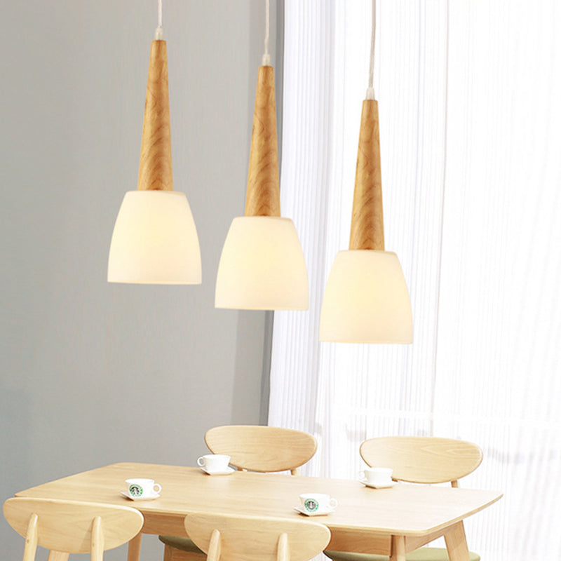Nordic Wood Pendant Light for Kitchen Dinette with Milk Glass Shade and Handle
