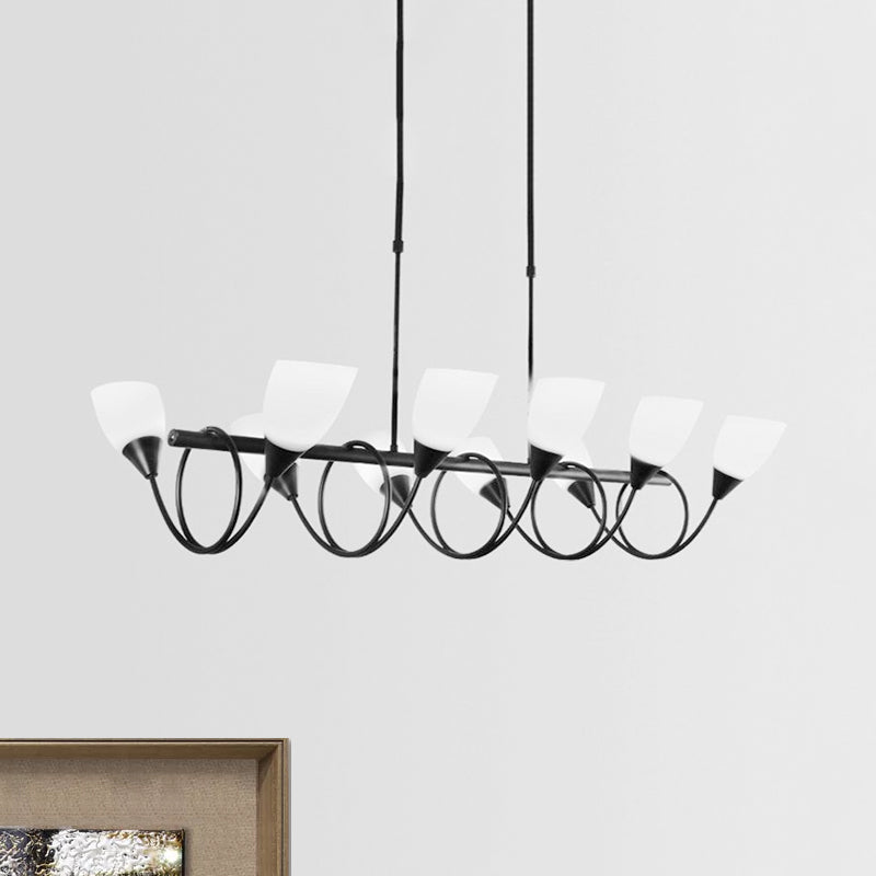 Vintage Black Cup Chandelier Light - 6/8/10 Lights, White Glass, LED Pendant Lamp with Linear Design