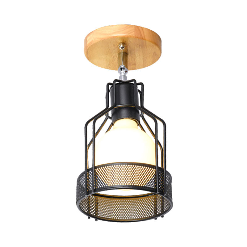 Industrial Loft Ceiling Fixture with Wire Cage and Rotatable Bulb - Black Metallic Semi-Flush Mount for 4