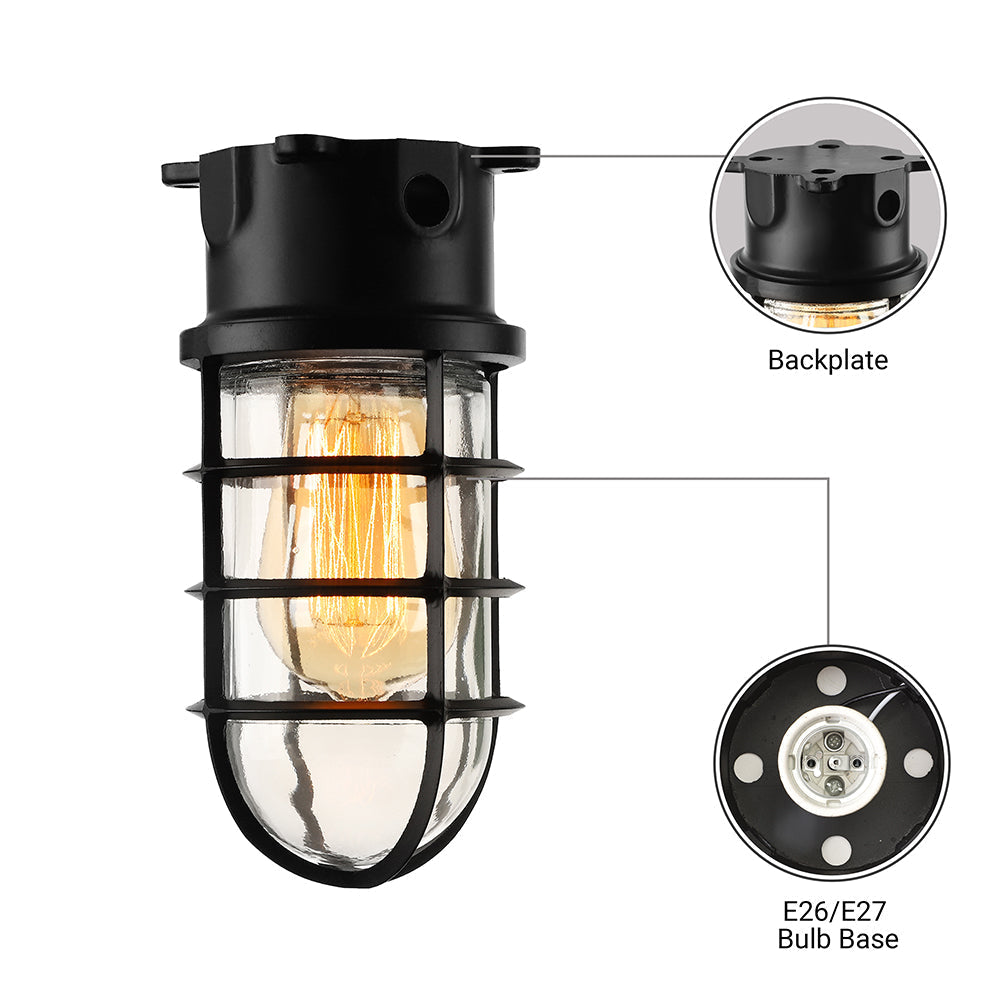 Industrial Flush Mount Ceiling Light with Clear Glass Cylinder Shade in Black/White/Pink - 1 Light