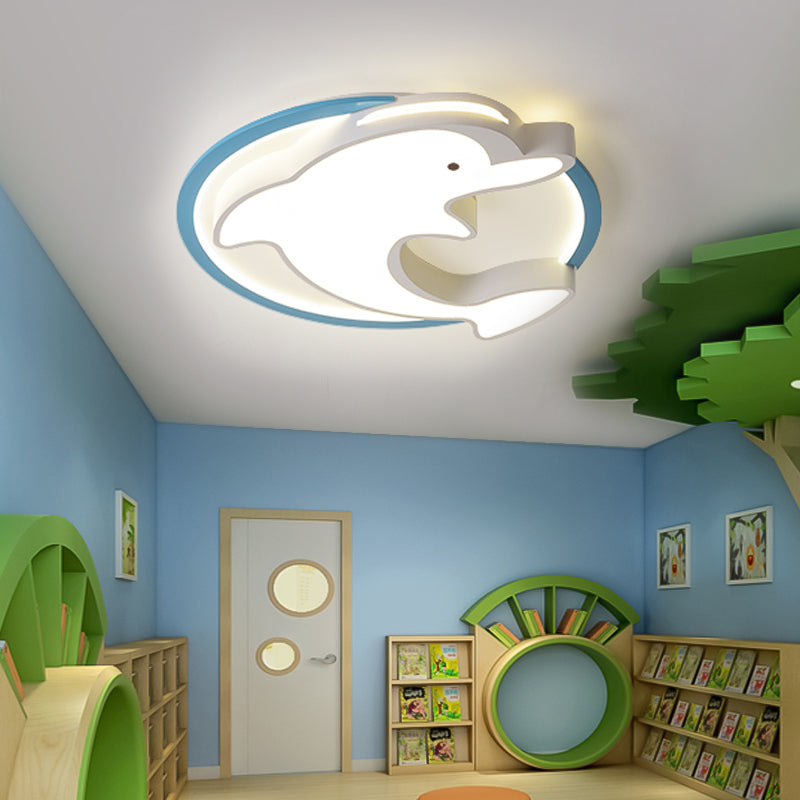 Kids LED Blue Dolphin Ceiling Light Fixture with Warm/White Light, Acrylic Shade, Flush Mount, 18