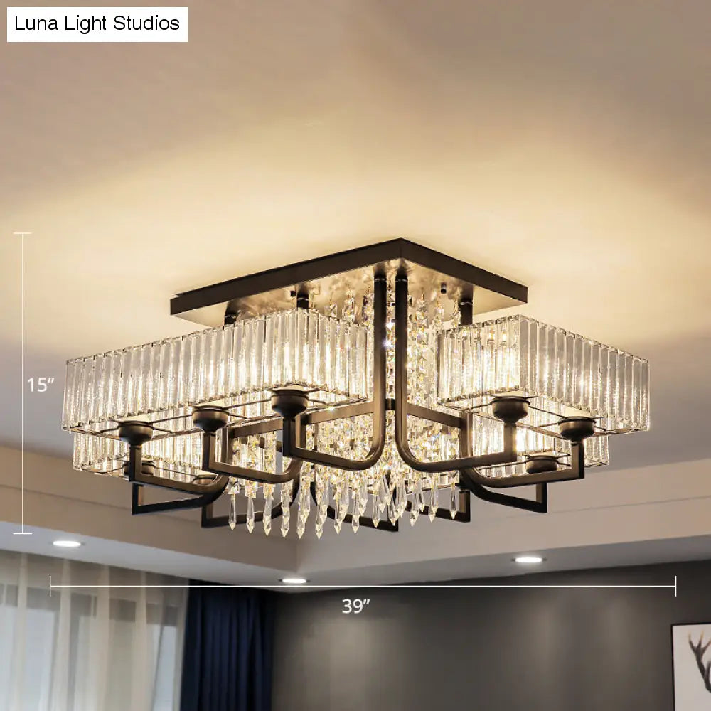 Lámpara de techo semiempotrada negra con cristal prismático para sala de estar - Lámpara de techo rectangular contemporánea