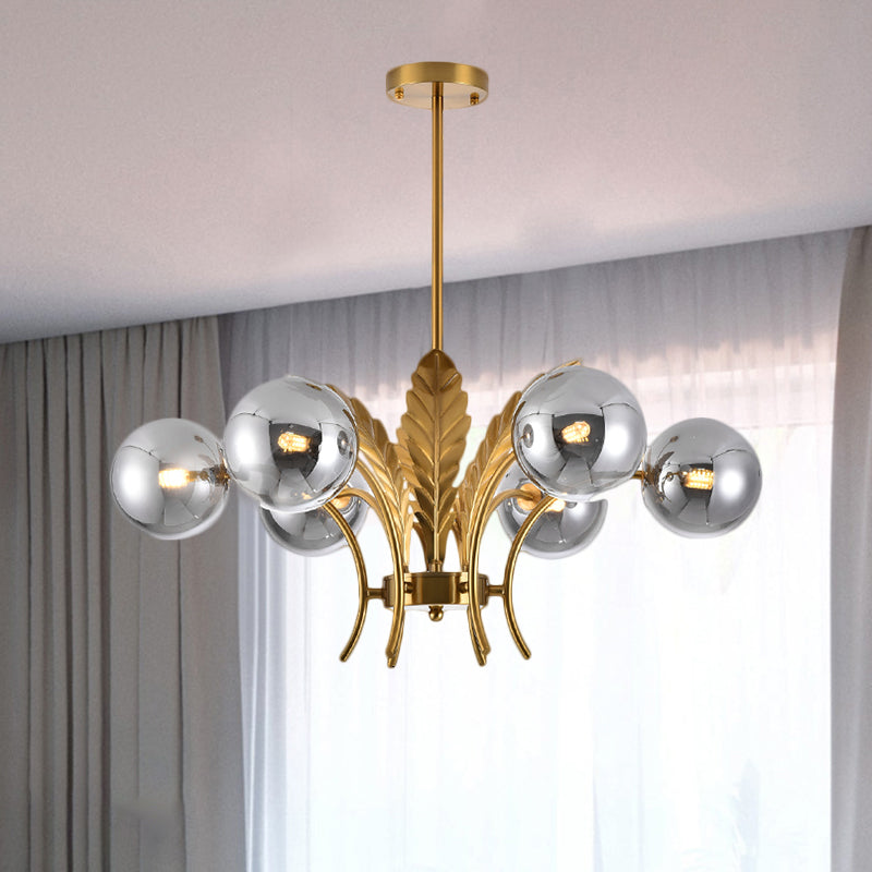 Lámpara de techo Sphere Simplicity, lámpara colgante LED de 6 bombillas de cristal blanco/rosa/coñac para salón con decoración de hojas