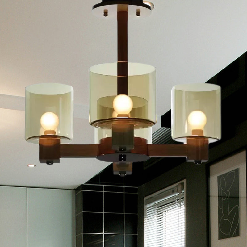 Industrial Wood Cylinder Chandelier with Radial Design - 4/6/8 Lights, Amber Glass Hanging Pendant Lamp