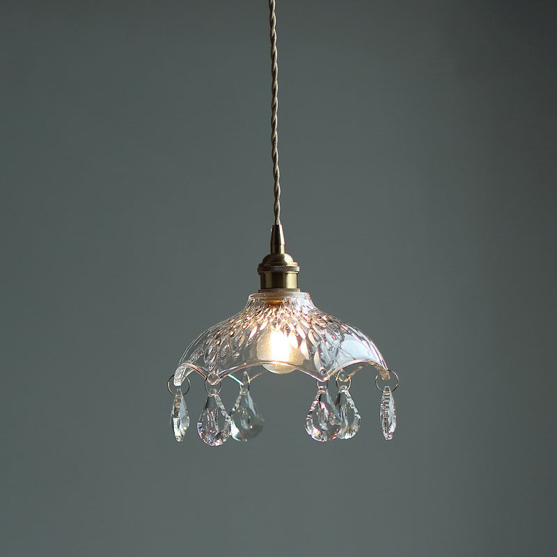Lampa wisząca z przezroczystego szkła w kształcie kwiatu w stylu vintage z kryształkami w kształcie łezki