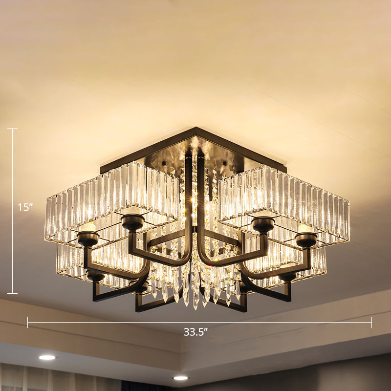 Lámpara de techo semiempotrada negra con cristal prismático para sala de estar - Lámpara de techo rectangular contemporánea