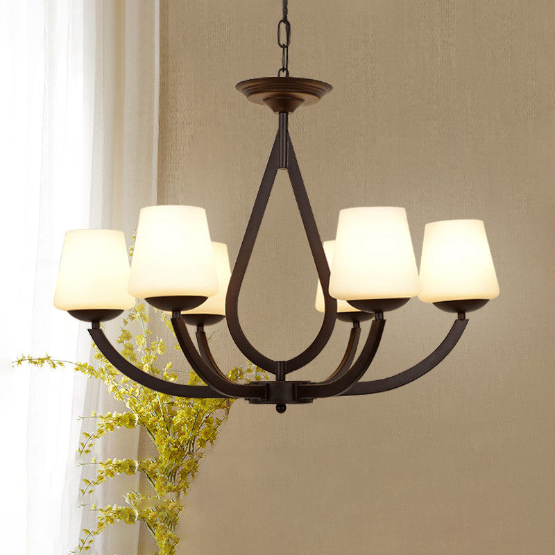 Vintage Pendant Light with Milk Glass Shade - Metal Black Finish Chandelier Swoop Arm