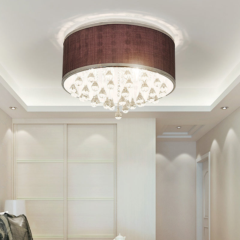 Contemporary Black Drum Flush Pendant Light with Clear Teardrop Crystal Accent - 6/8 Lights, 18