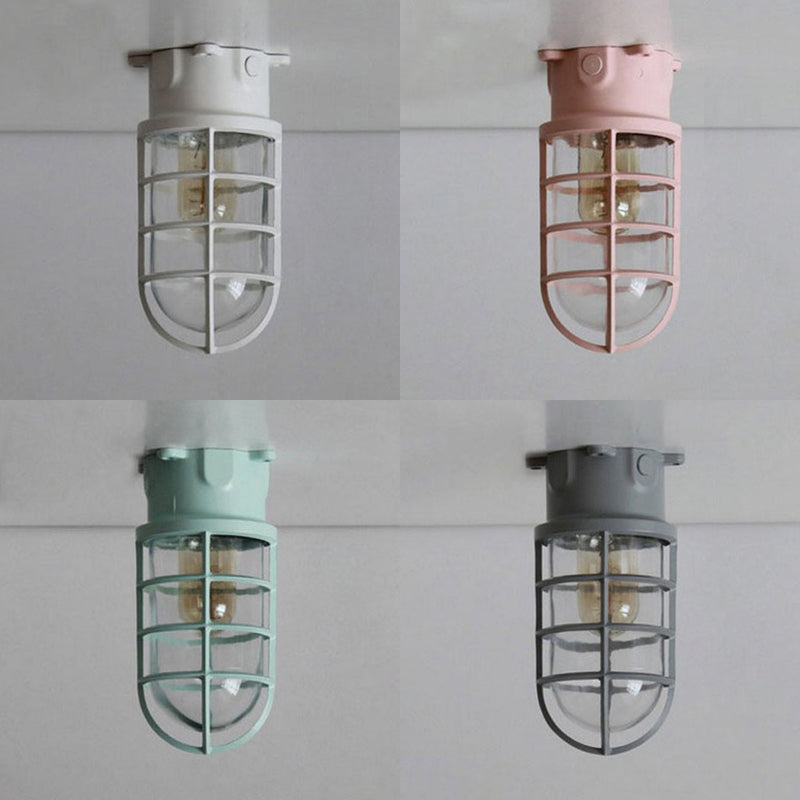 Industrial Flush Mount Ceiling Light with Clear Glass Cylinder Shade in Black/White/Pink - 1 Light