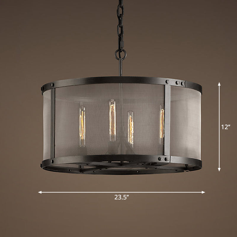 Lampadario a sospensione per tavolo da pranzo Drum, lampadario in metallo a 4/8 luci, lampadario nero con schermo a rete