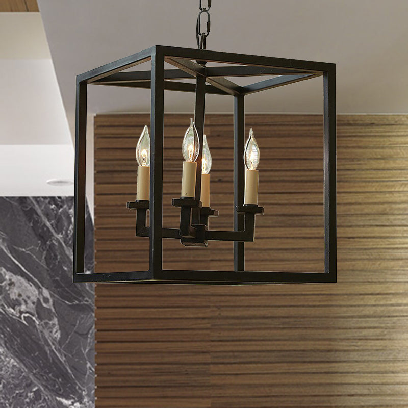 Vintage 4-Light Cubic Chandelier with Cage Shade - Small Black Metal Hanging Lamp for Bathroom Lighting