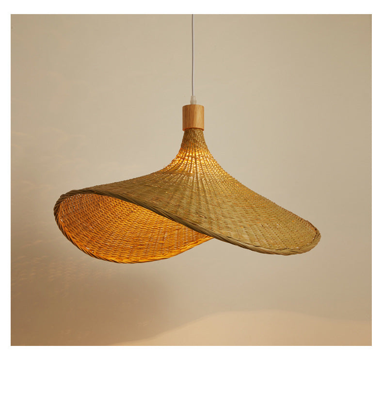 Kit lampada a sospensione a forma di cappello di paglia beige Lampada a sospensione da soffitto in rattan asiatico a 1 luce per tavolo da pranzo