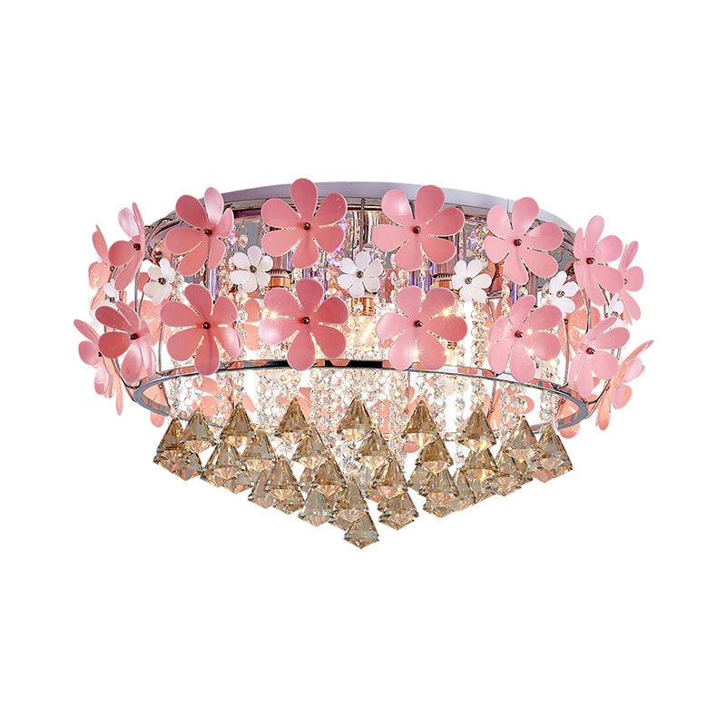 Modern Crystal Drop LED Drum Ceiling Light Fixture with Pink Flower Decoration, 18