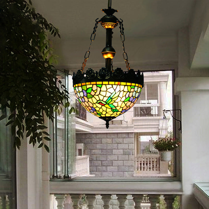 Vintage Brass Floral Chandelier - Tiffany Style Stained Glass - 3 Lights - Ceiling or Hanging Lamp - 12