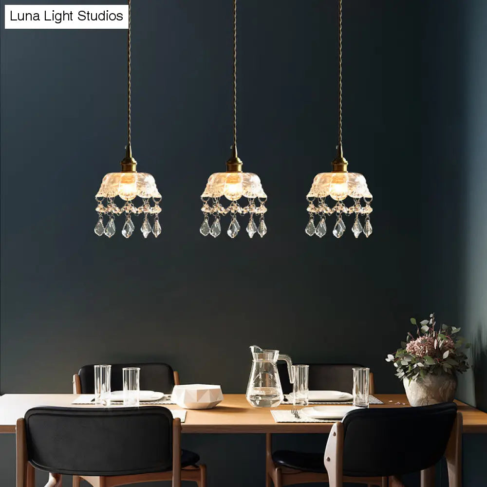 Lampa wisząca z przezroczystego szkła w kształcie kwiatu w stylu vintage z kryształkami w kształcie łezki