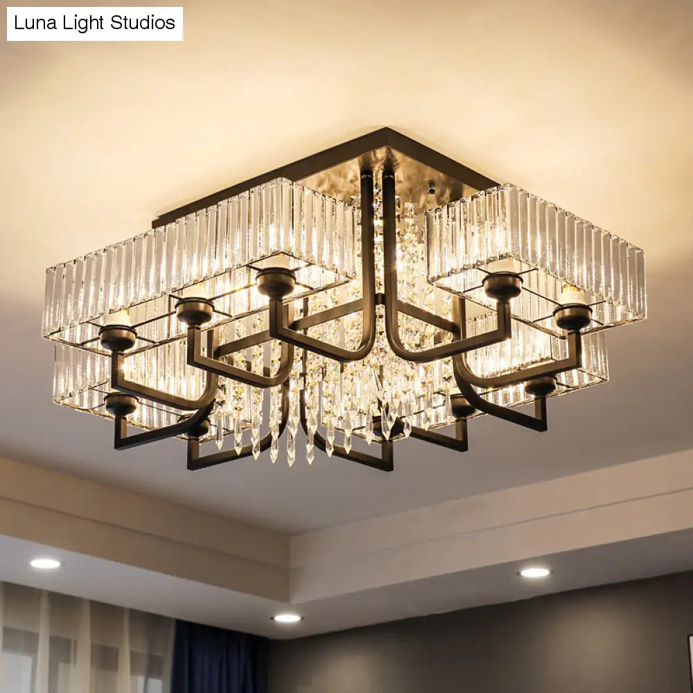 Lámpara de techo semiempotrada negra con cristal prismático para sala de estar - Lámpara de techo rectangular contemporánea