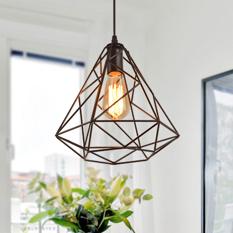 Vintage Diamantkäfig-Pendelleuchte aus Metall für das Esszimmer – Schwarz