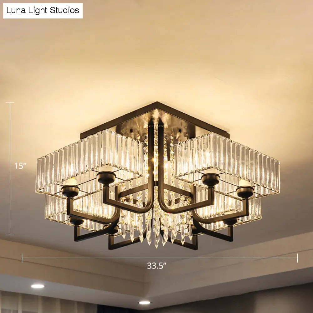 Lámpara de techo semiempotrada negra con cristal prismático para sala de estar - Lámpara de techo rectangular contemporánea