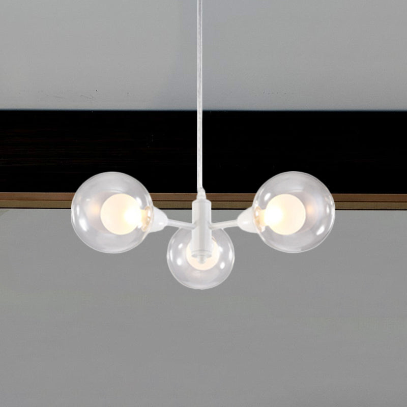 Globe Dining Room Chandelier - Modern LED Hanging Ceiling Light in White - 3/6/9 Clear Glass Lights