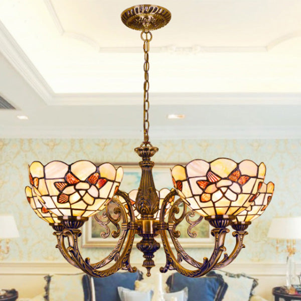 Floral Stained Glass Inverted Chandelier with Chain in Red/Blue for Vintage Bedroom Decor