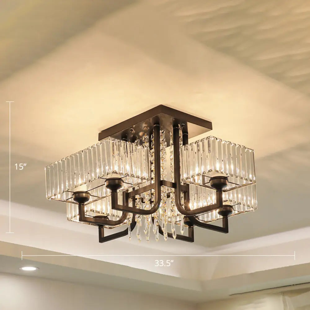 Lámpara de techo semiempotrada negra con cristal prismático para sala de estar - Lámpara de techo rectangular contemporánea